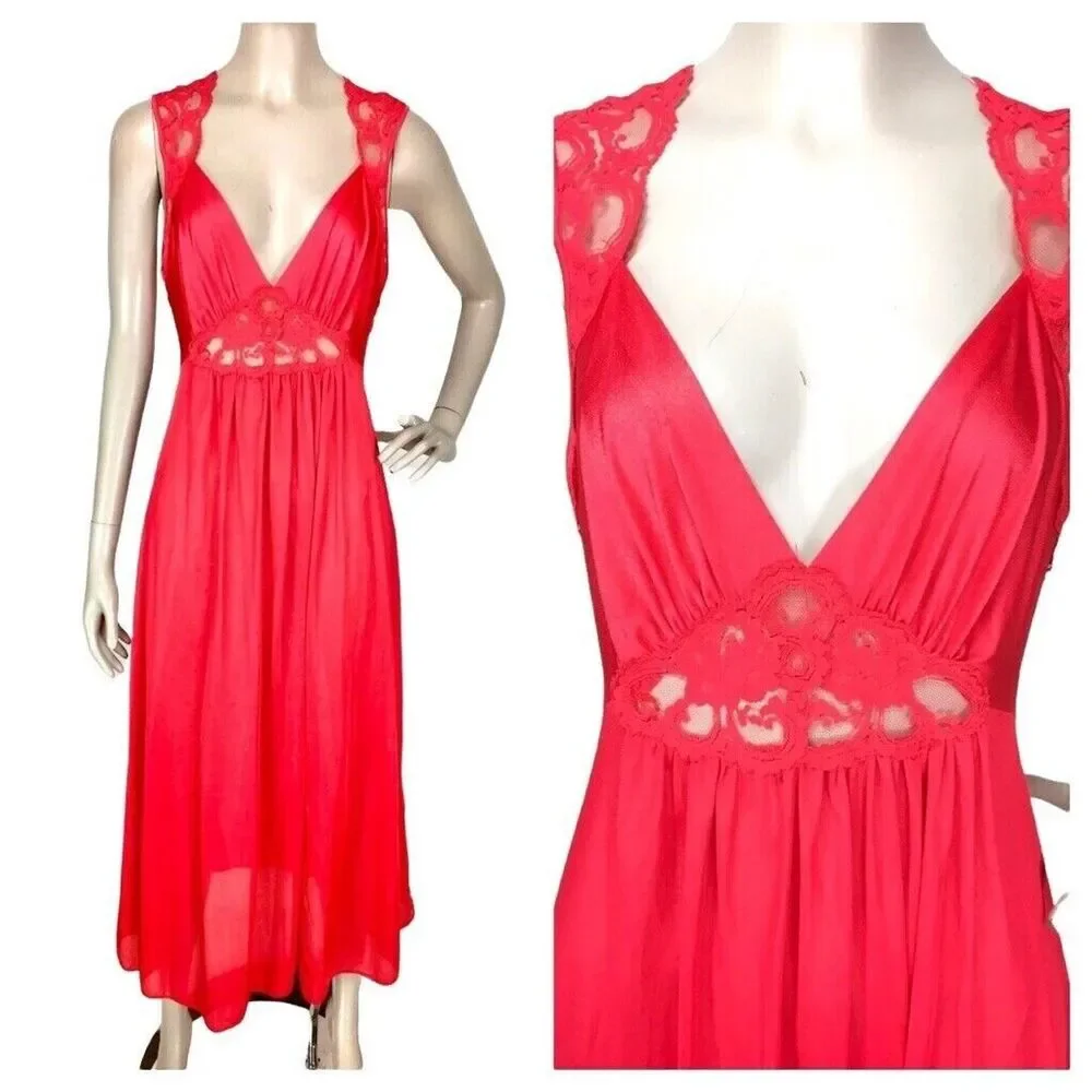 Vintage 70s Red Lace Trim Peignoir Sexy Lingerie Long Nightgown Medium USA - Picture 2 of 8